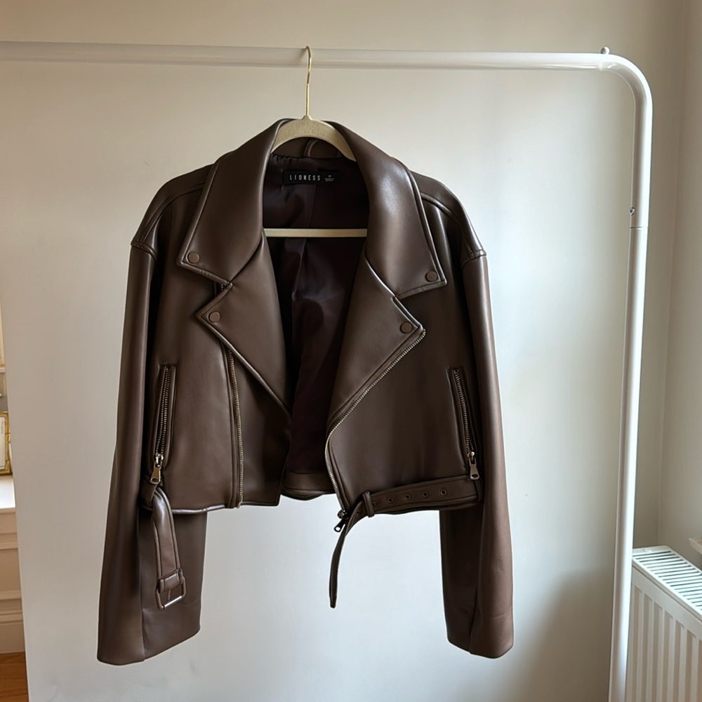 Lioness Cropped Faux Leather Jacket - Brown